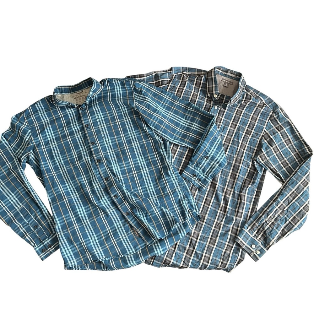 Eddie Bauer Men's Size TL, Lot of 2, Button Up Plaid Shirts Blue Classic Fit